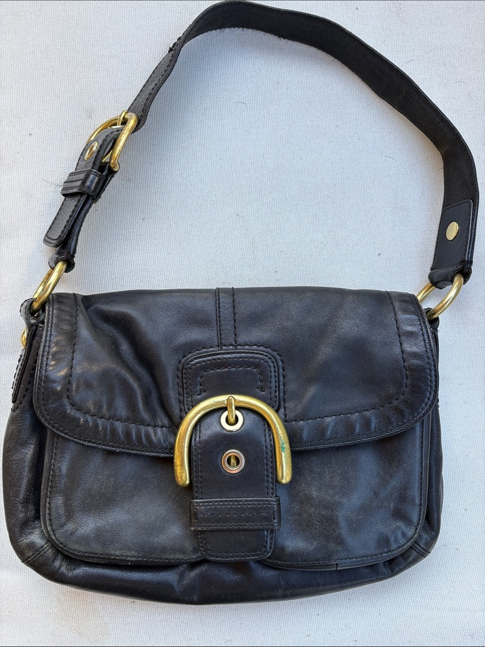Vintage Coach Black Leather Shoulder Bag with Gold-tone Buckle